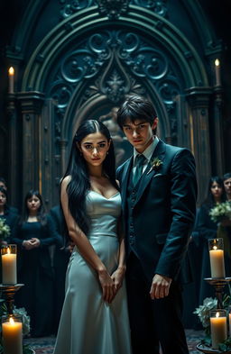 A dramatic wedding scene showcasing Draco Malfoy and a young woman with long, straight black hair and fair skin, standing together at an ornate altar