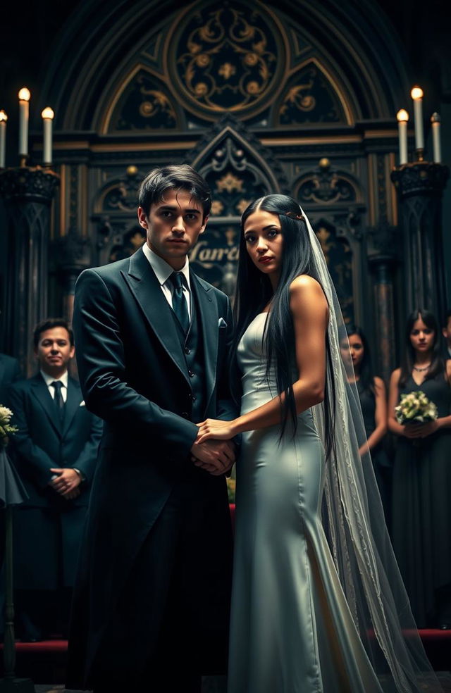 A dramatic wedding scene showcasing Draco Malfoy and a young woman with long, straight black hair and fair skin, standing together at an ornate altar