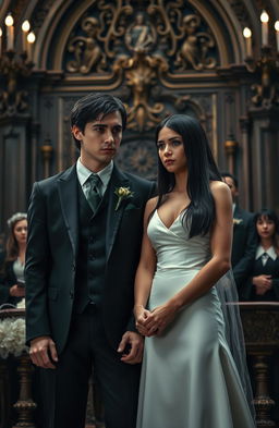 A dramatic wedding scene showcasing Draco Malfoy and a young woman with long, straight black hair and fair skin, standing together at an ornate altar