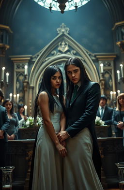 A dramatic wedding scene showcasing Draco Malfoy and a young woman with long, straight black hair and fair skin, standing together at an ornate altar