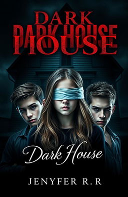 A captivating book cover design featuring a teenage girl with her eyes blindfolded, surrounded by two boys
