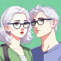 A captivating girl with glasses, white hair, plump lips and green eyes is looking at a tall guy