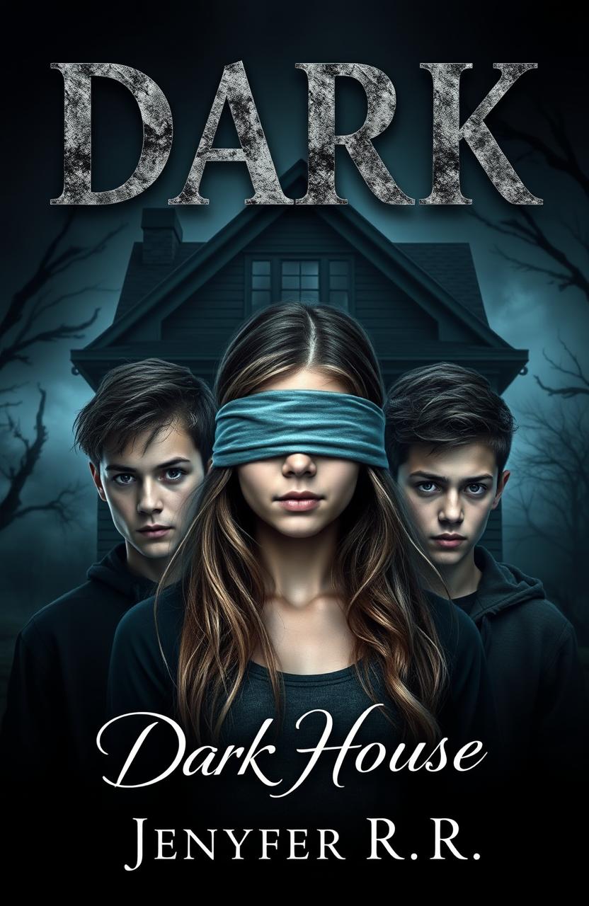 A captivating book cover design featuring a teenage girl with her eyes blindfolded, surrounded by two boys