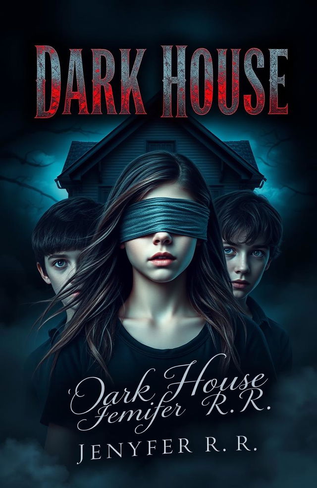 A captivating book cover design featuring a teenage girl with her eyes blindfolded, surrounded by two boys