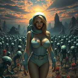 A dramatic sci-fi scene set on a vividly colored alien planet, featuring a sad blonde female astronaut in a realistic depiction, showcasing her big breasts, ample cleavage, and sexy legs