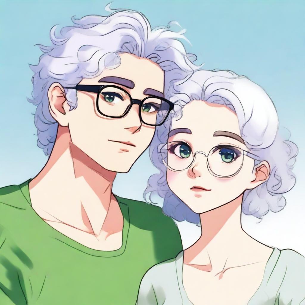 A captivating girl with glasses, white hair, plump lips and green eyes is looking at a tall guy