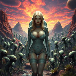 A dramatic sci-fi scene set on a vividly colored alien planet, featuring a sad blonde female astronaut in a realistic depiction, showcasing her big breasts, ample cleavage, and sexy legs