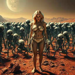 A vivid and dramatic scene set on a realistic depiction of Mars, featuring a sad blonde female astronaut completely nude, showcasing her big breasts and ample cleavage, paired with her sexy legs
