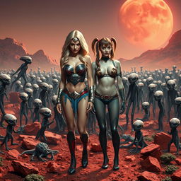 A dramatic and captivating scene set on a realistic rendition of Mars, featuring a sad blonde Wonder Woman and Harley Quinn, both depicted completely nude, showcasing their big breasts, ample cleavage, and sexy legs