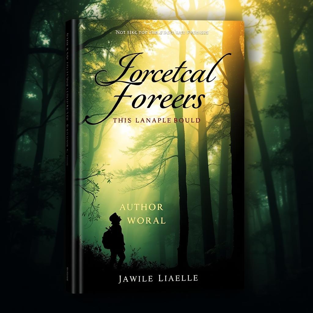 A captivating book cover design featuring a mystical forest with shimmering light filtering through the trees