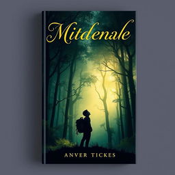A captivating book cover design featuring a mystical forest with shimmering light filtering through the trees