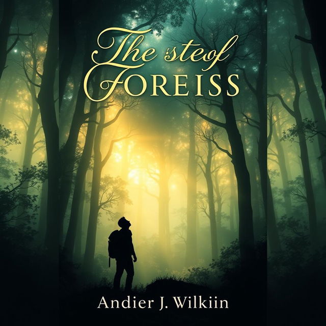 A captivating book cover design featuring a mystical forest with shimmering light filtering through the trees