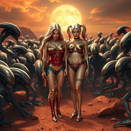 A striking and emotionally charged scene set on a hyper-realistic version of Mars, featuring a sad blonde Wonder Woman and Harley Quinn, both depicted completely nude, accentuating their big breasts, ample cleavage, and sexy legs