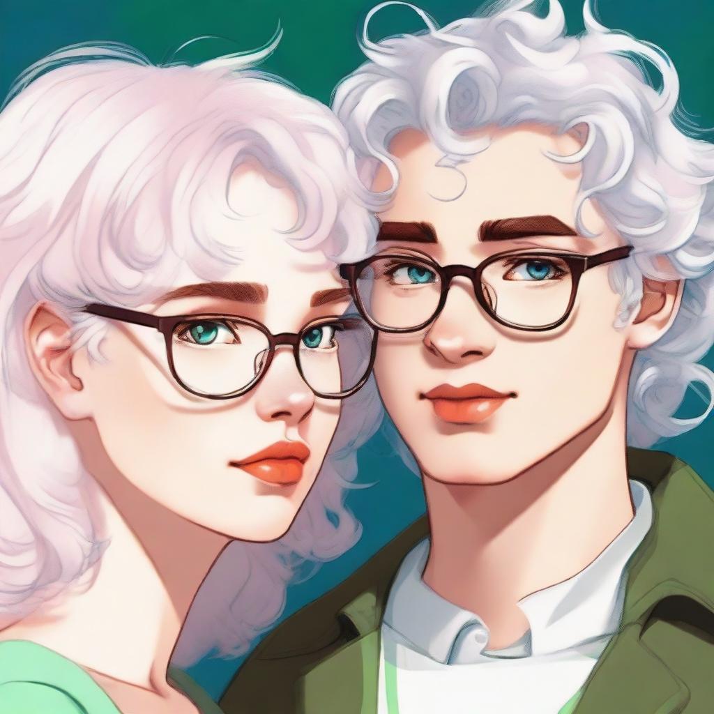 A stunning girl with glasses, white hair, plump lips, and green eyes looks at a young guy