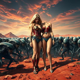 A striking and emotionally charged scene set on a hyper-realistic version of Mars, featuring a sad blonde Wonder Woman and Harley Quinn, both depicted completely nude, accentuating their big breasts, ample cleavage, and sexy legs