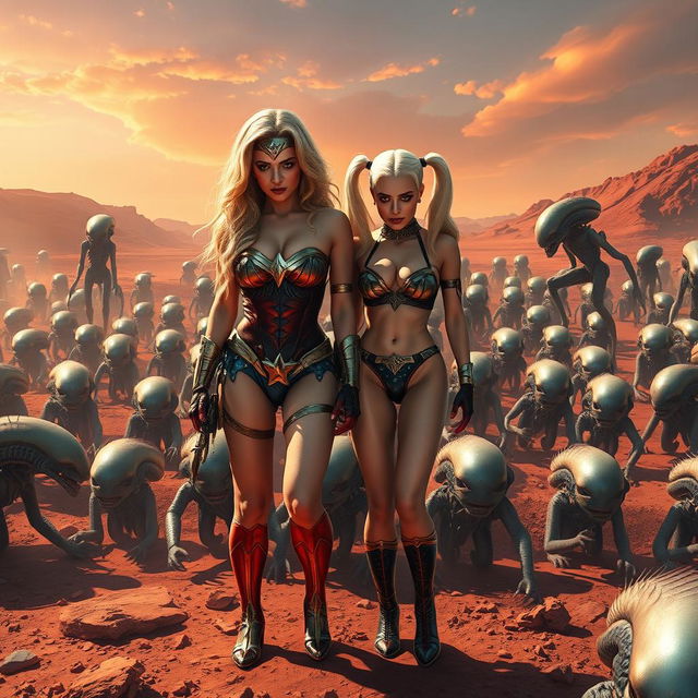 A striking and emotionally charged scene set on a hyper-realistic version of Mars, featuring a sad blonde Wonder Woman and Harley Quinn, both depicted completely nude, accentuating their big breasts, ample cleavage, and sexy legs