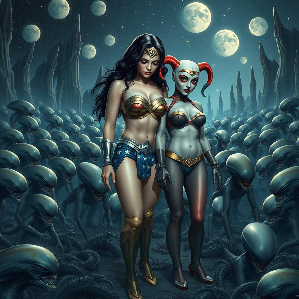 An emotionally charged scene featuring a sad Wonder Woman and Harley Quinn, both depicted completely nude, emphasizing their big breasts, ample cleavage, and sexy legs