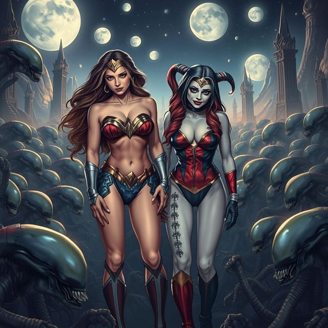 An emotionally charged scene featuring a sad Wonder Woman and Harley Quinn, both depicted completely nude, emphasizing their big breasts, ample cleavage, and sexy legs