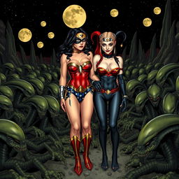 An emotionally charged scene featuring a sad Wonder Woman and Harley Quinn, both depicted completely nude, emphasizing their big breasts, ample cleavage, and sexy legs