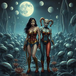 An emotionally charged scene featuring a sad Wonder Woman and Harley Quinn, both depicted completely nude, emphasizing their big breasts, ample cleavage, and sexy legs