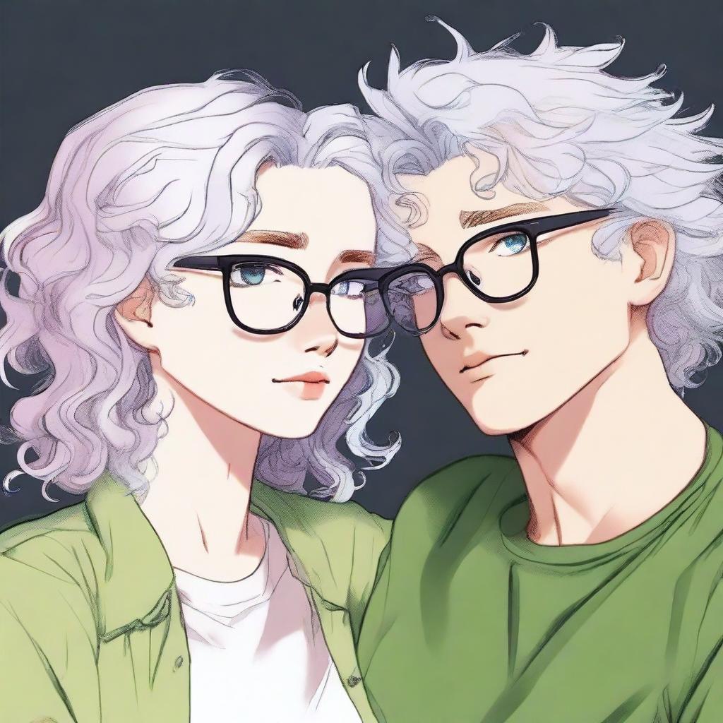 A stunning girl with glasses, white hair, plump lips, and green eyes looks at a young guy