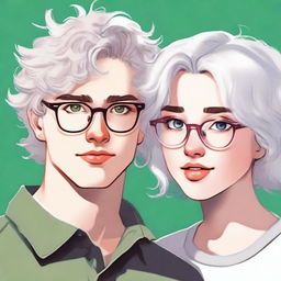 A stunning girl with glasses, white hair, plump lips, and green eyes looks at a young guy