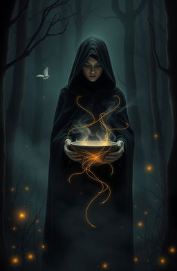 A mystical realism scene with dark surrealism elements depicting a nighttime ancient forest shrouded in fog
