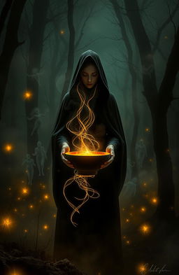 A mystical realism scene with dark surrealism elements depicting a nighttime ancient forest shrouded in fog