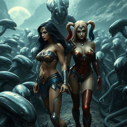 A somber scene featuring a realistically depicted Wonder Woman and Harley Quinn, both nude, showcasing their voluptuous figures with prominent breasts and sexy legs