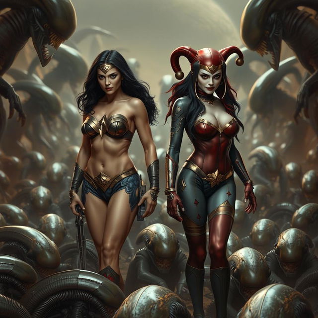 A somber scene featuring a realistically depicted Wonder Woman and Harley Quinn, both nude, showcasing their voluptuous figures with prominent breasts and sexy legs