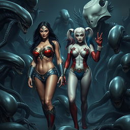 A somber scene featuring a realistically depicted Wonder Woman and Harley Quinn, both nude, showcasing their voluptuous figures with prominent breasts and sexy legs