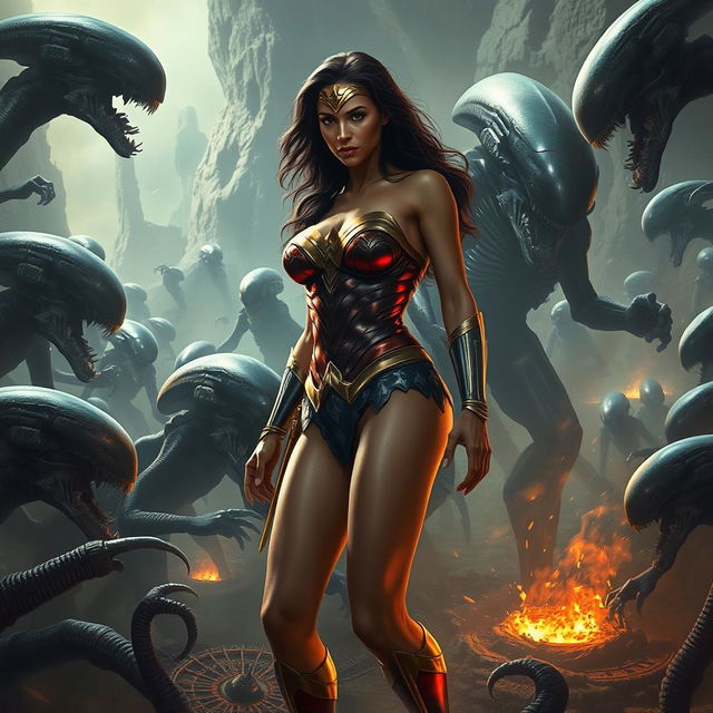 A somber and dramatic scene featuring a realistic depiction of Wonder Woman, showcasing her voluptuous figure with prominent breasts and sexy legs