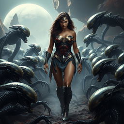 A somber and dramatic scene featuring a realistic depiction of Wonder Woman, showcasing her voluptuous figure with prominent breasts and sexy legs