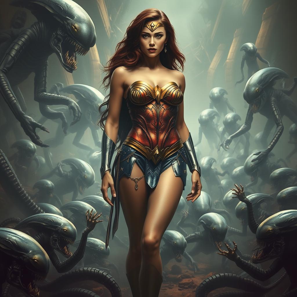 A somber and dramatic scene featuring a realistic depiction of Wonder Woman, showcasing her voluptuous figure with prominent breasts and sexy legs