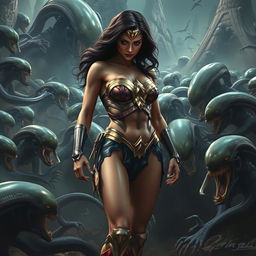 A somber and dramatic scene featuring a realistic depiction of Wonder Woman, showcasing her voluptuous figure with prominent breasts and sexy legs