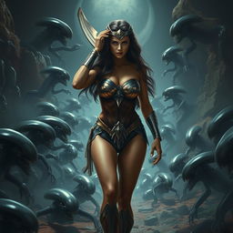 A somber and realistic depiction of Wonder Woman wearing a strapless bikini, accentuating her big breasts and sexy legs
