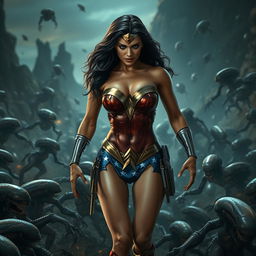 A somber and realistic depiction of Wonder Woman wearing a strapless bikini, accentuating her big breasts and sexy legs