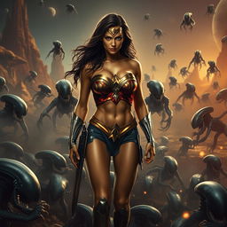 A somber and realistic depiction of Wonder Woman wearing a strapless bikini, accentuating her big breasts and sexy legs