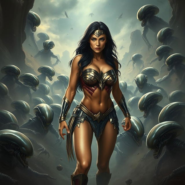 A somber and realistic depiction of Wonder Woman wearing a strapless bikini, accentuating her big breasts and sexy legs