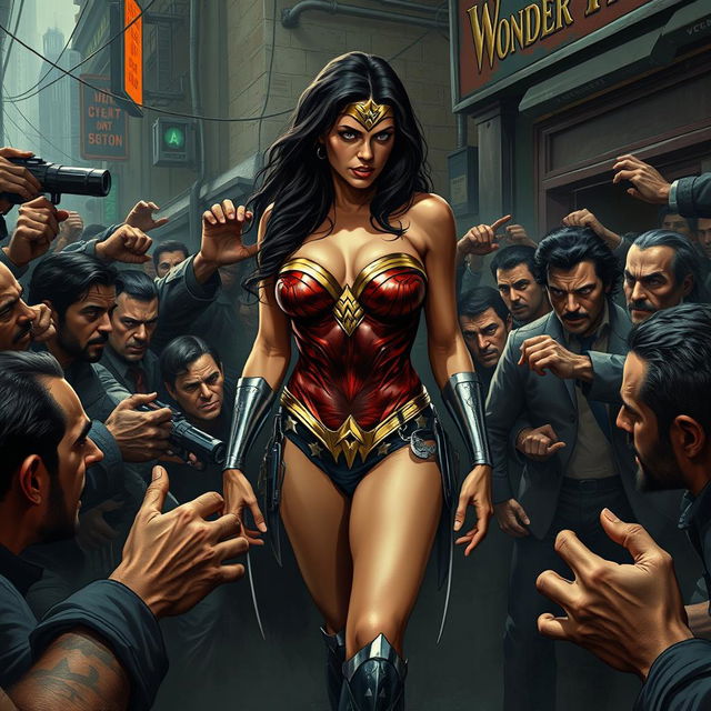 A somber and realistic scene depicting Wonder Woman in a strapless bikini, showcasing her big breasts and sexy legs