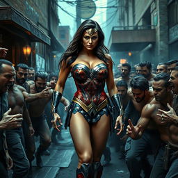 A somber and realistic scene depicting Wonder Woman in a strapless bikini, showcasing her big breasts and sexy legs