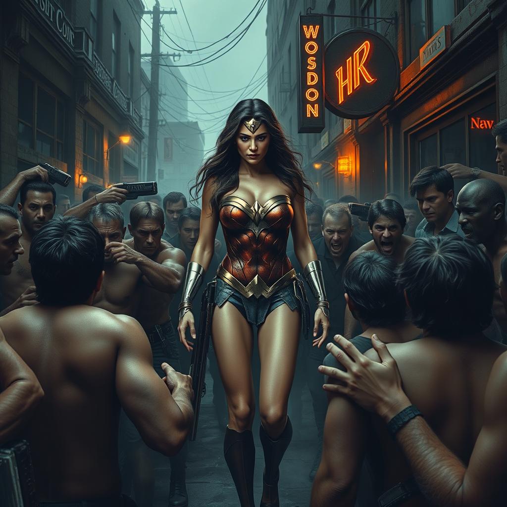 A somber and realistic scene depicting Wonder Woman in a strapless bikini, showcasing her big breasts and sexy legs