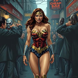 A poignant scene depicting a terrified Wonder Woman in a strapless bikini, emphasizing her big breasts and sexy legs
