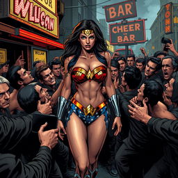 A poignant scene depicting a terrified Wonder Woman in a strapless bikini, emphasizing her big breasts and sexy legs
