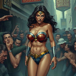 A poignant scene depicting a terrified Wonder Woman in a strapless bikini, emphasizing her big breasts and sexy legs