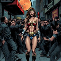 A poignant scene depicting a terrified Wonder Woman in a strapless bikini, emphasizing her big breasts and sexy legs