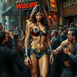 A poignant scene depicting a terrified Wonder Woman in a strapless bikini, showcasing her big breasts and sexy legs