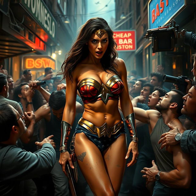 A poignant scene depicting a terrified Wonder Woman in a strapless bikini, showcasing her big breasts and sexy legs