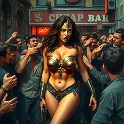 A poignant scene depicting a terrified Wonder Woman in a strapless bikini, showcasing her big breasts and sexy legs