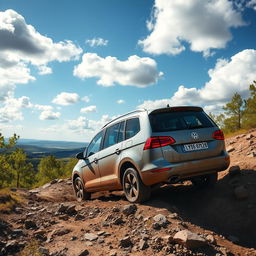A Volkswagen Sharan off-roading through a rugged terrain, showcasing its robust design and powerful presence